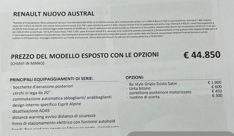 Renault Austral 1.2 E-Tech full hybrid Techno Esprit Alpine 200cv – possibilità noleggio no scoring pieno